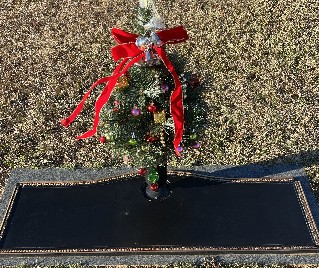 Small decorated Christmas tree with a red velvet bow placed at a grave marker